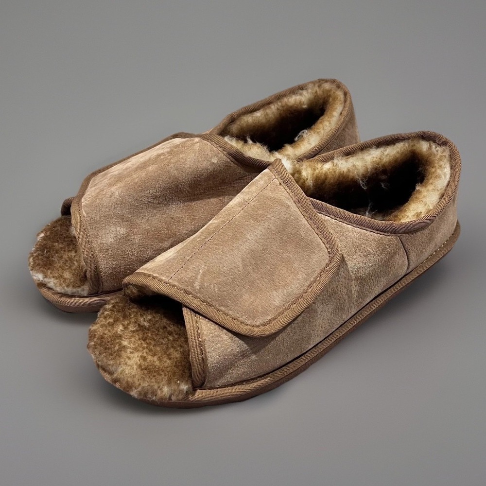 Hammacher Schlemmer Mens Brown Sheepskin Suede Slide Slippers Open Toe 2X-Large